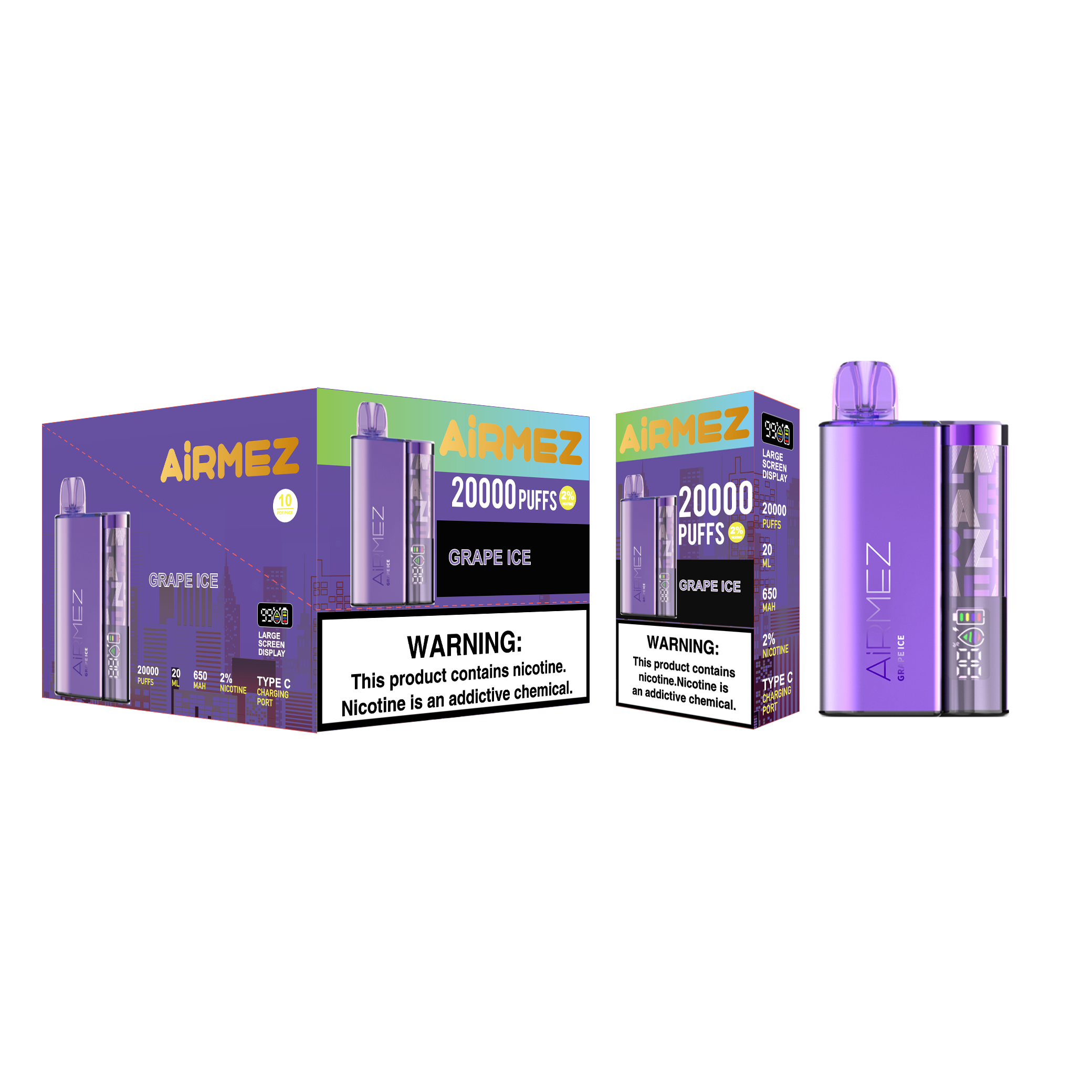 Airmez 20K Puffs Disposable Vape | 20mL E-Liquid | Type-C Rechargeable Mesh Coil E-Shisha Ship to AU Grape Ice