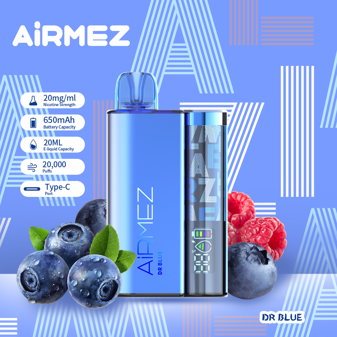 Airmez 20K Puffs Disposable Vape | 20mL E-Liquid | Type-C Rechargeable Mesh Coil E-Shisha Ship to AU Dr Blue