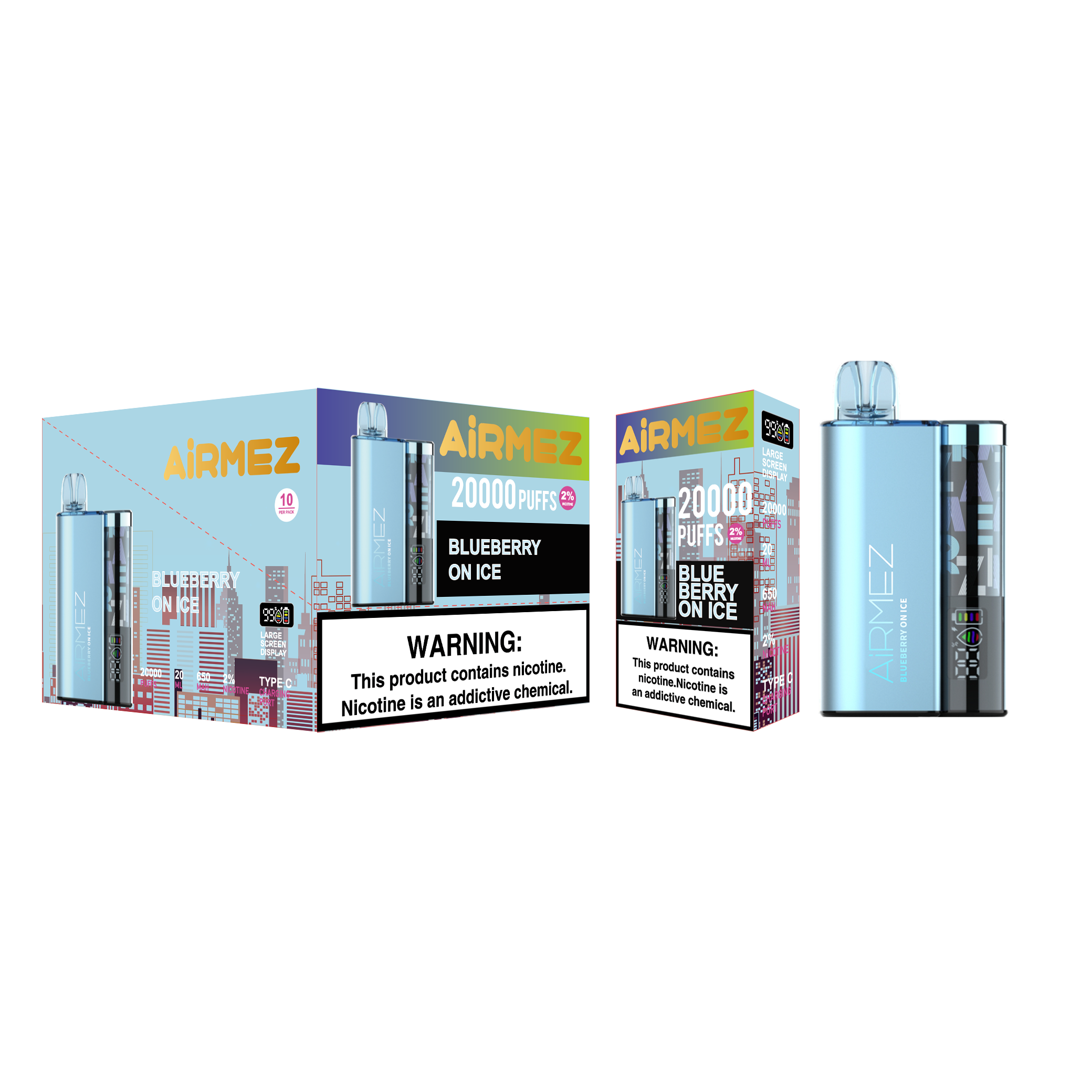 Airmez 20K Puffs Disposable Vape | 20mL E-Liquid | Type-C Rechargeable Mesh Coil E-Shisha Ship to AU Blueberry On Ice