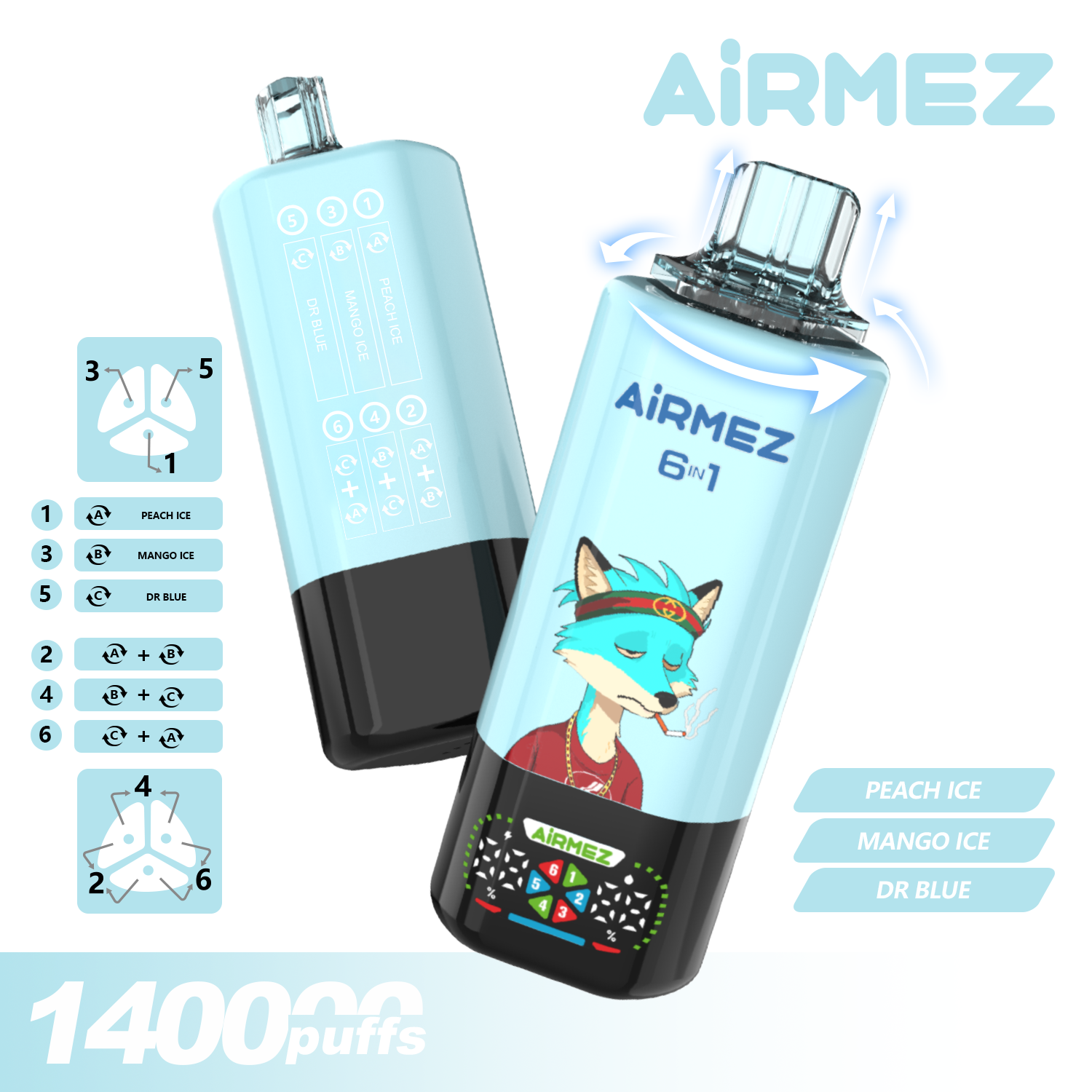 Airmez Fox 6in1 140000 Puffs Peach Ice & Mango Ice & Dr Blue