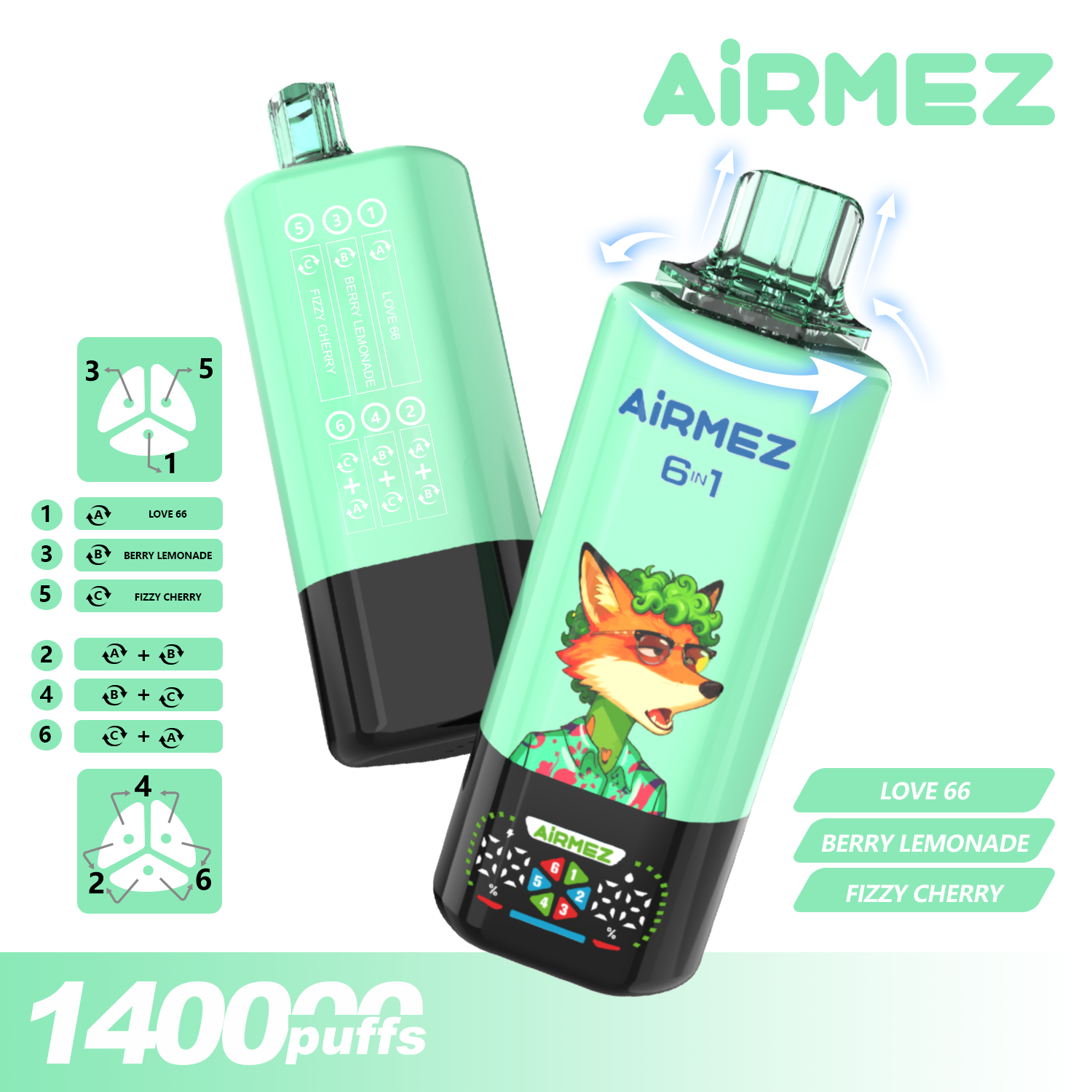 Airmez Fox 6in1 140000 Puffs  Love 66 & Berry Lemonade & Fizzy Cherry