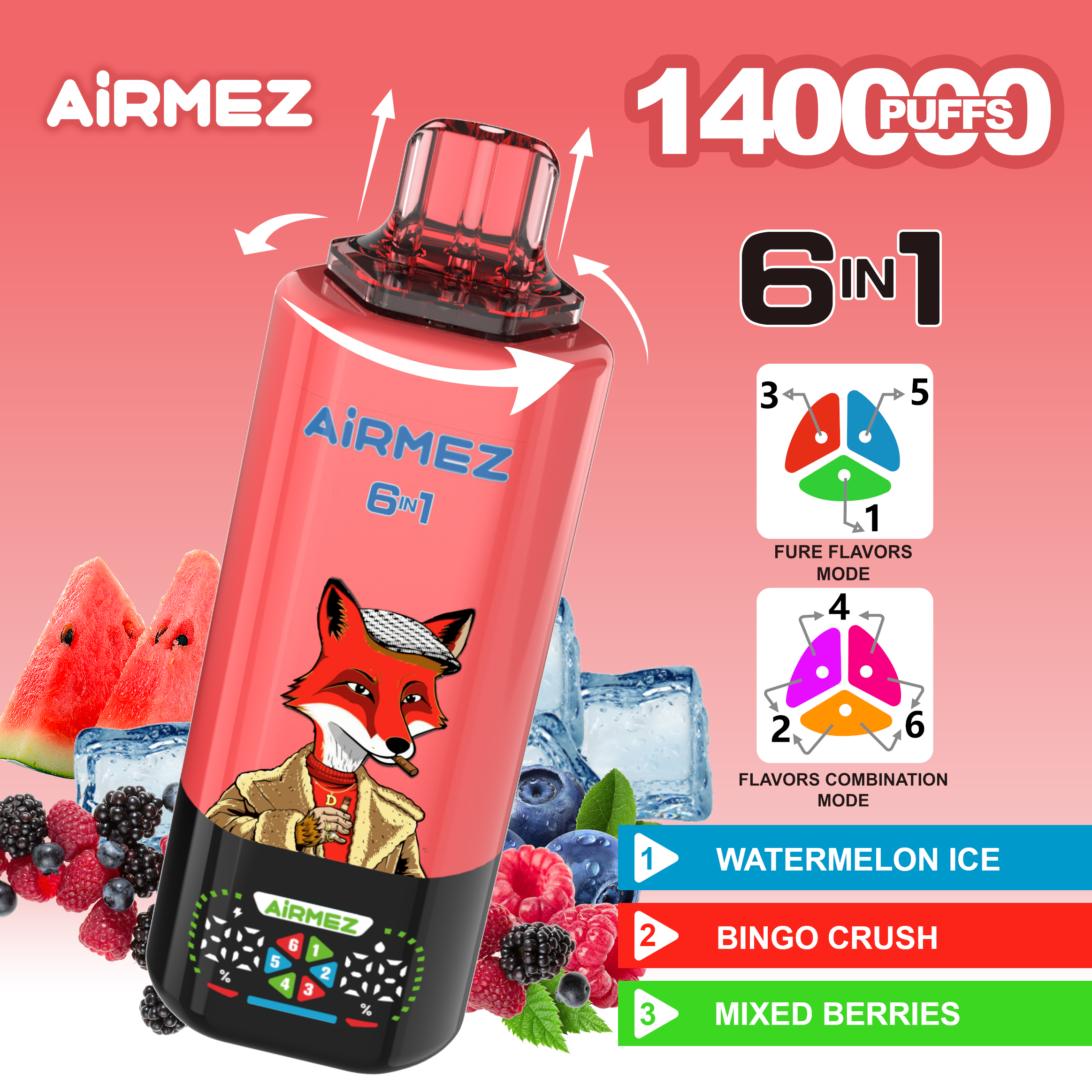 Airmez Fox 6in1 140000 Puffs Watermelon Ice & Bingo Crush & Mixed Berries