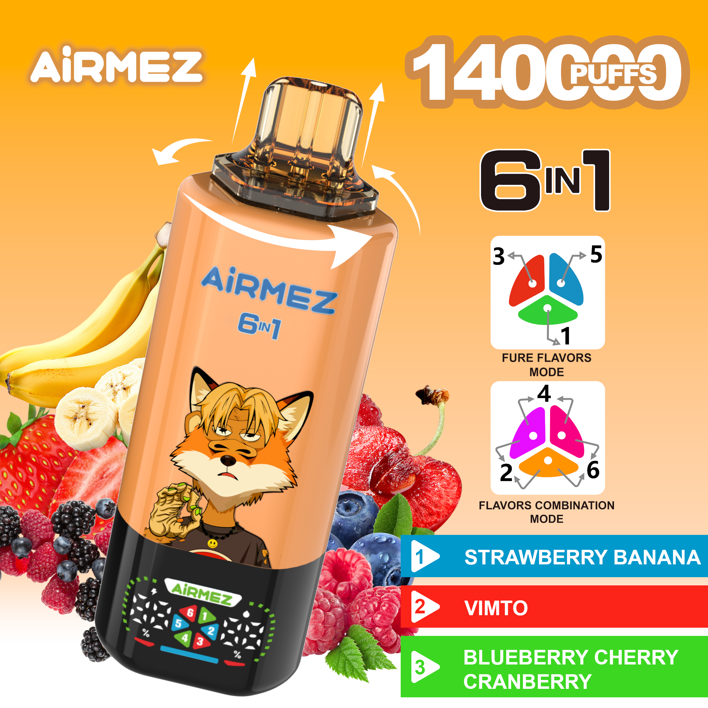 Airmez Fox 6in1 140000 Puffs Strawberry Banana & Vimto & Blueberry Cherry Cranberry