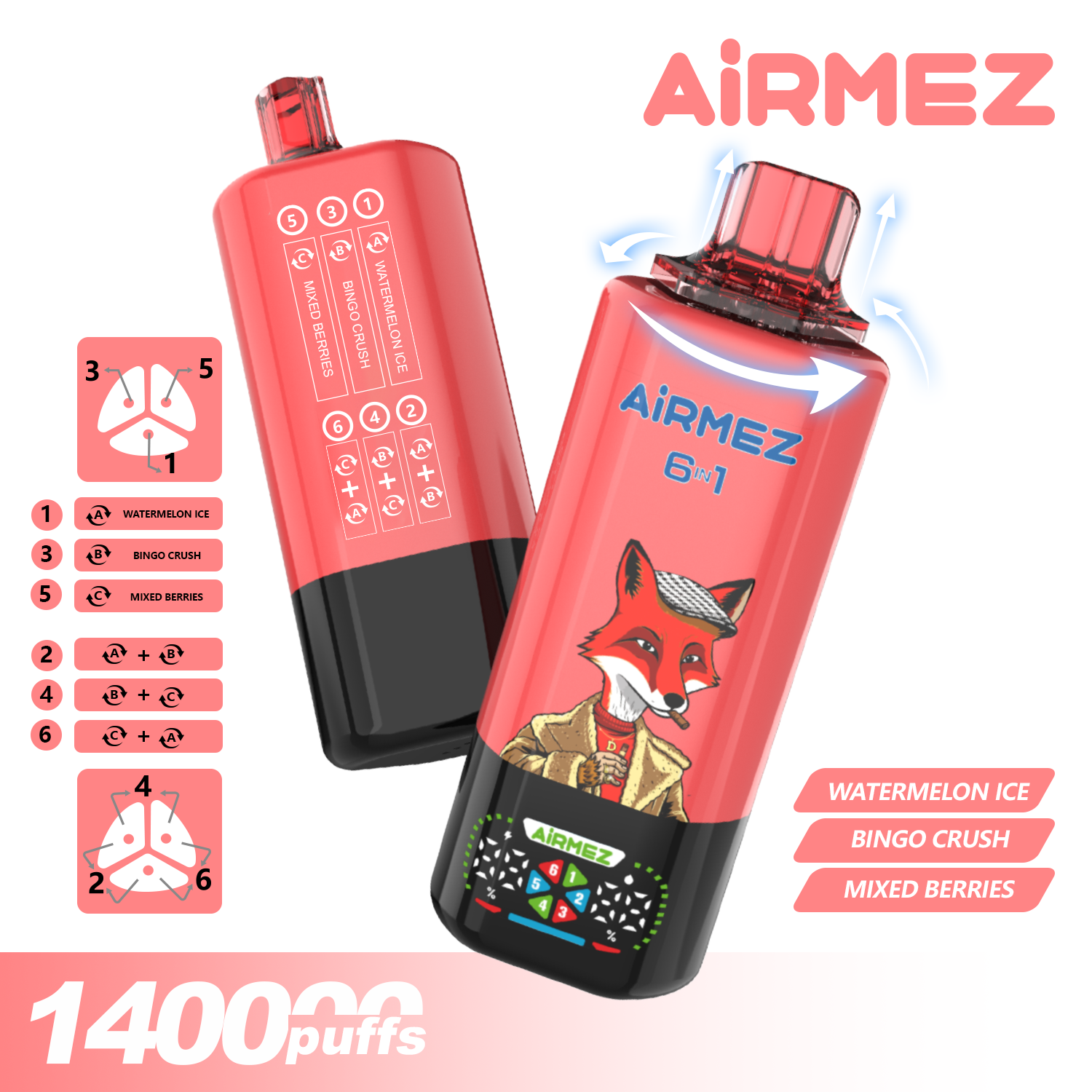 Airmez Fox 6in1 140000 Puffs Watermelon Ice & Bingo Crush & Mixed Berries