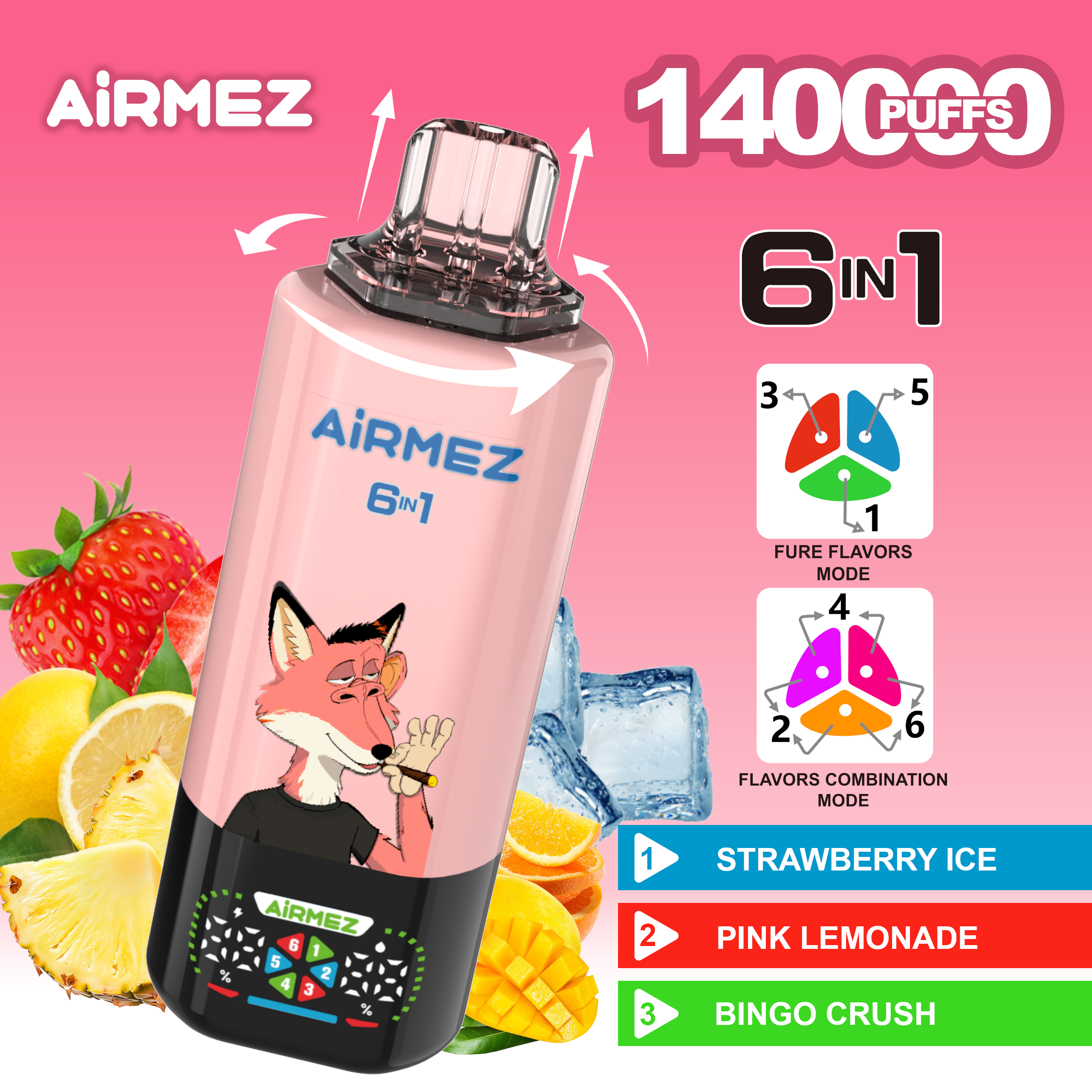 Airmez Fox 6in1 140000 Puffs Strawberry Ice & Pink Lemonade & Bingo Crush