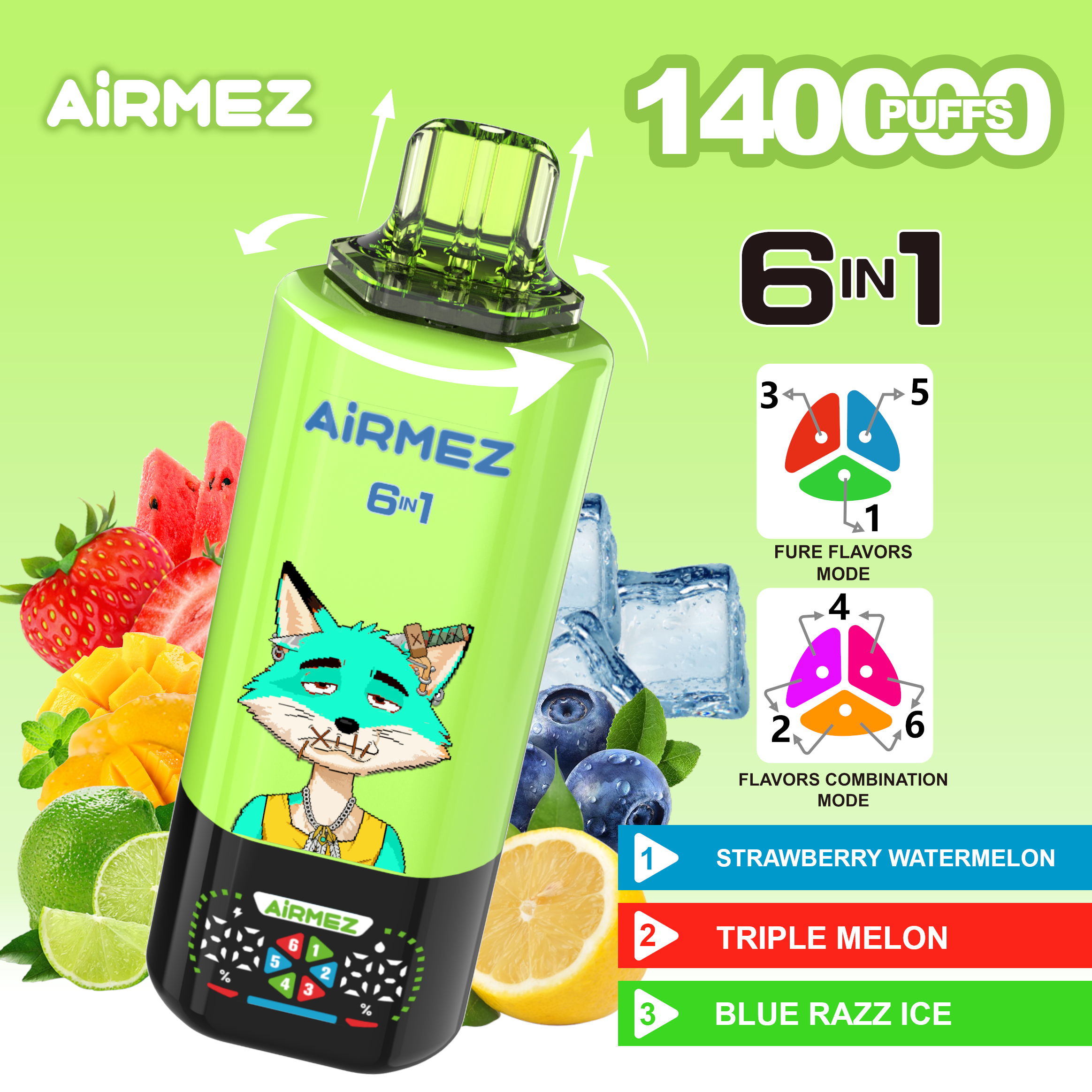 Airmez Fox 6in1 140000 Puffs Strawberry Watermelon & Triple Melon & Blue Razz Ice