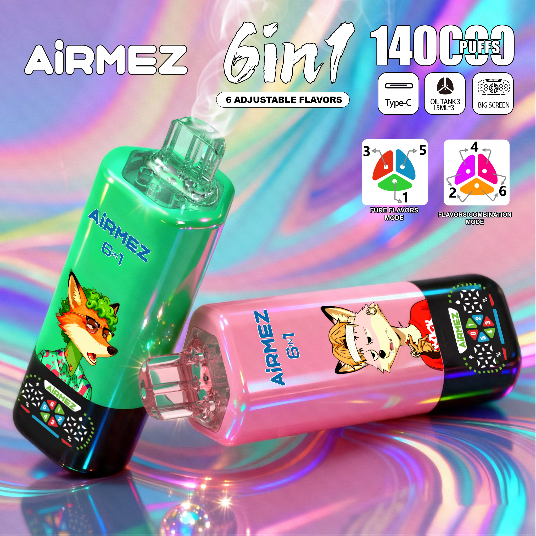 Airmez Fox 6-in-1 Disposable Vape 140000 Puffs with Type-C Charging & Rotating Mouthpiece