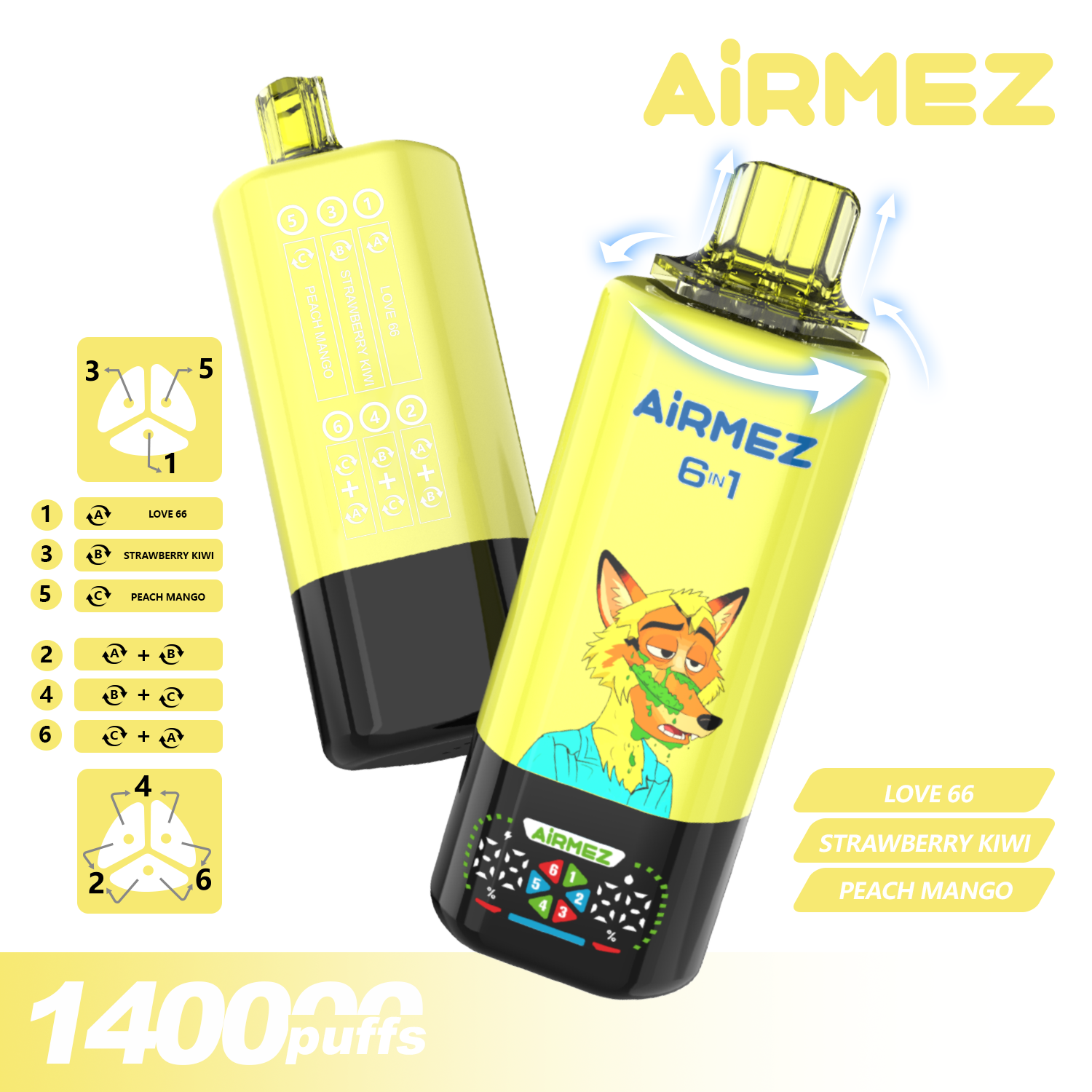 Airmez Fox 6in1 140000 Puffs Love 66 & Strawberry Kiwi & Peach Mango