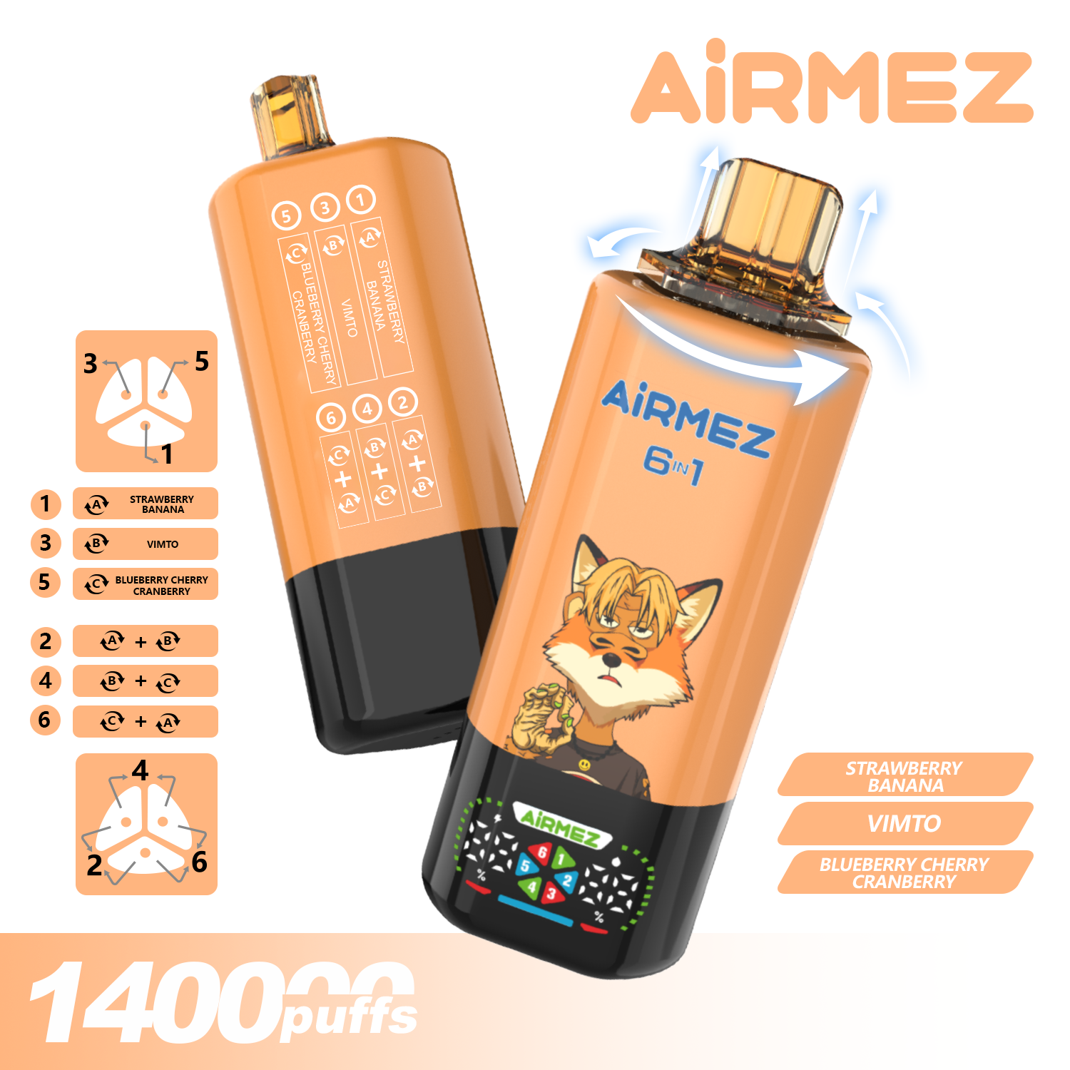 Airmez Fox 6in1 140000 Puffs Strawberry Banana & Vimto & Blueberry Cherry Cranberry