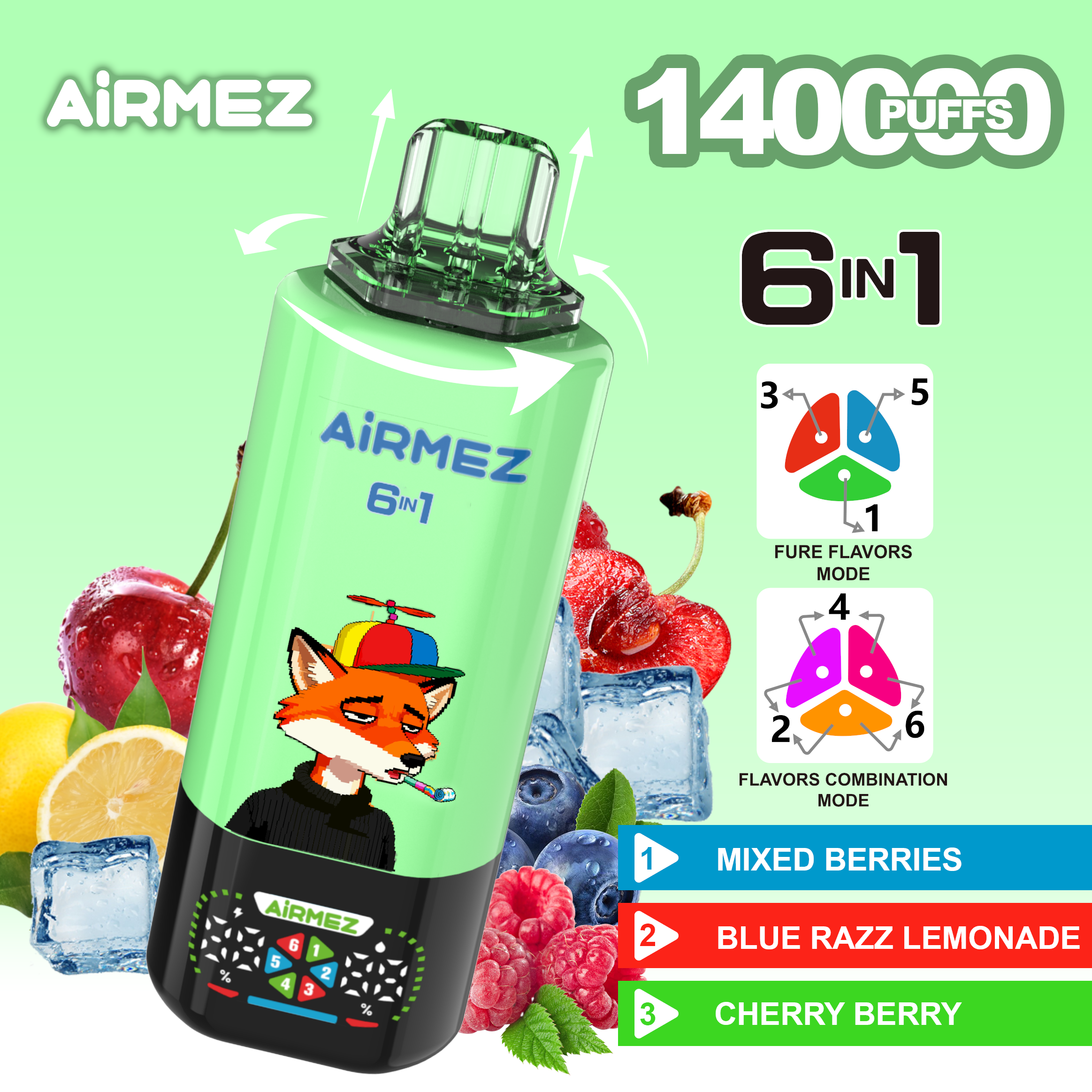 Airmez Fox 6in1 140000 Puffs  Mixed Berries & Blue Razz Lemonade & Cherry Berry