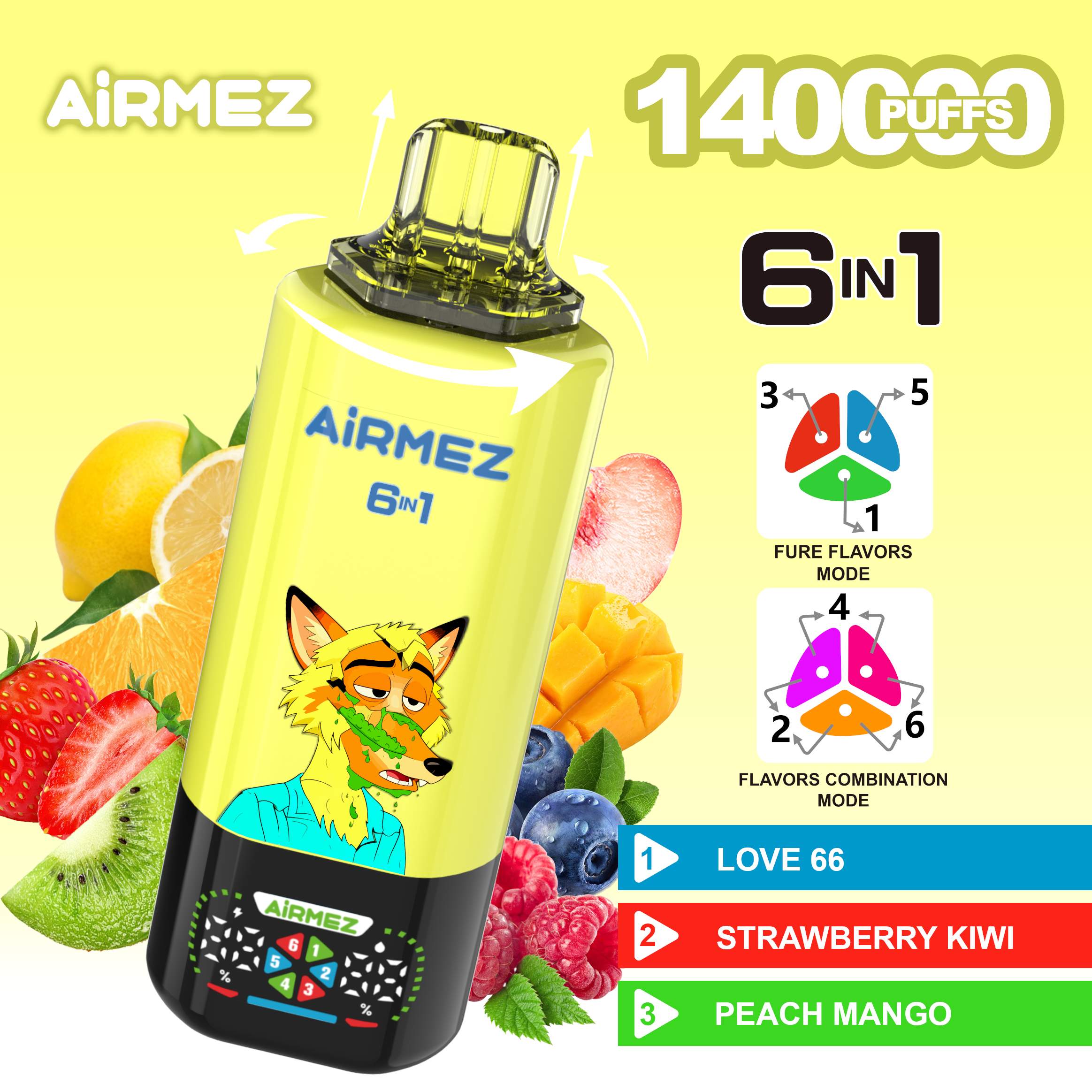 Airmez Fox 6in1 140000 Puffs Love 66 & Strawberry Kiwi & Peach Mango