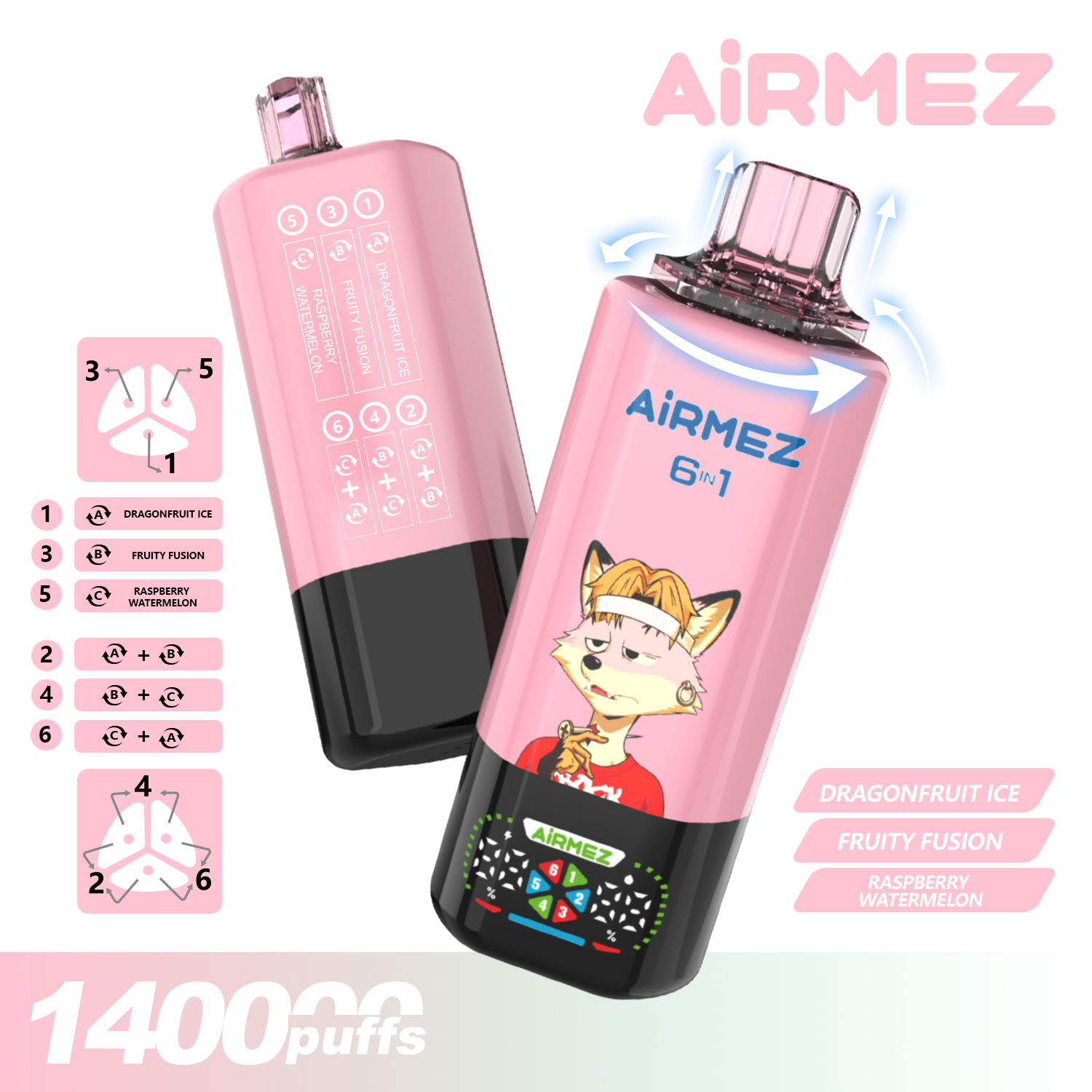 Airmez Fox 6in1 140000 Puffs Dragonfruit Ice & Fruity Fusion & Raspberry Watermelon