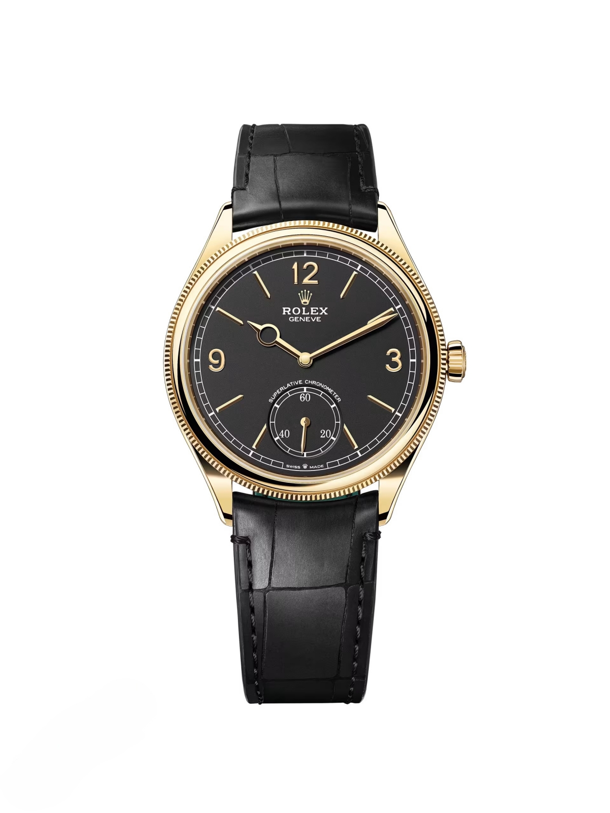 【Super Clone】ROLEX 1908 Yellow Gold Black Dial Black Alligator Strap - 52508-0002