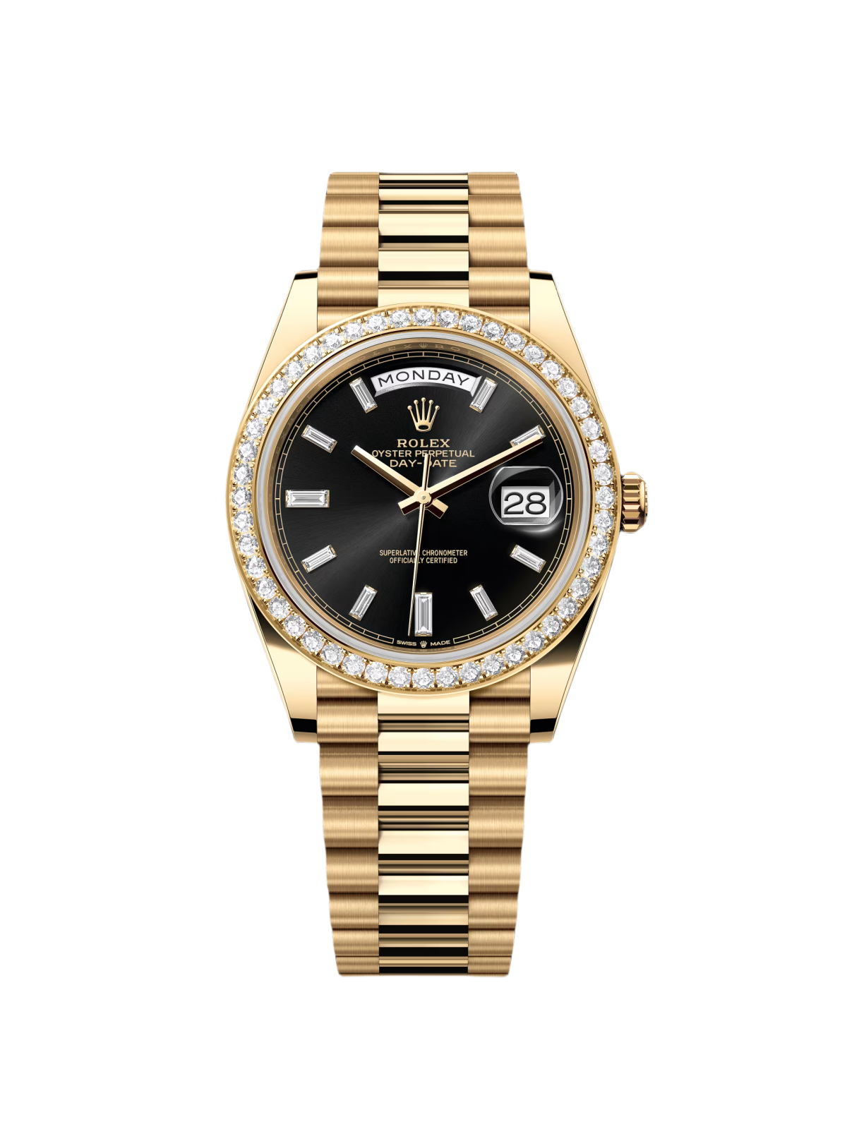 【Super Clone】ROLEX Day-Date 40mm Black Diamond Dial and Diamond Bezel Yellow Gold President Bracelet  228348RBR-0001
