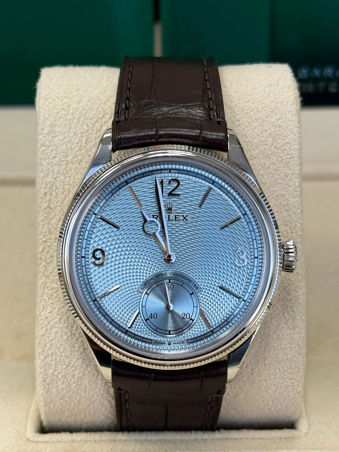 【Super Clone】ROLEX 1908 Platinum Ice Blue Dial Brown Alligator Strap - 52506-0002