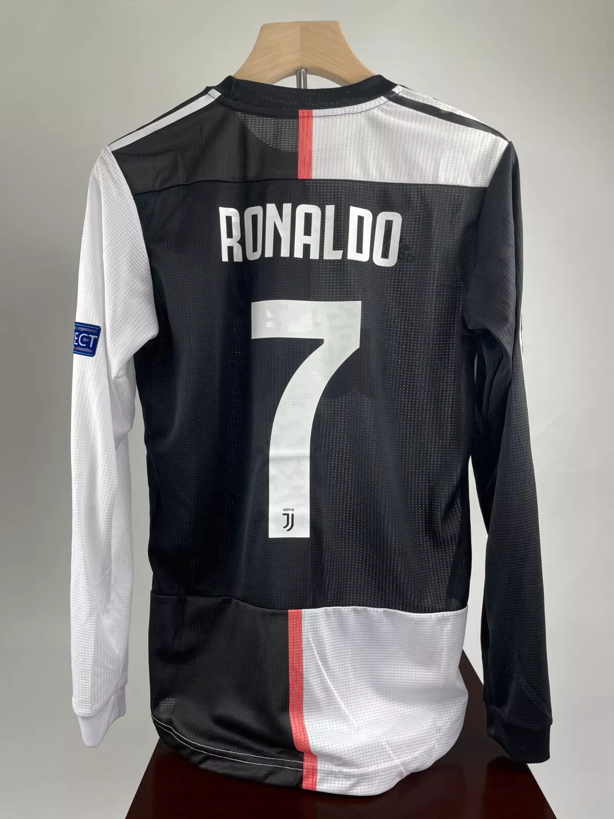 2019-20 Cristiano Ronaldo #7 Juventus Home Retro Player Version Soccer Jersey with UCL Patch - Long Sleeve