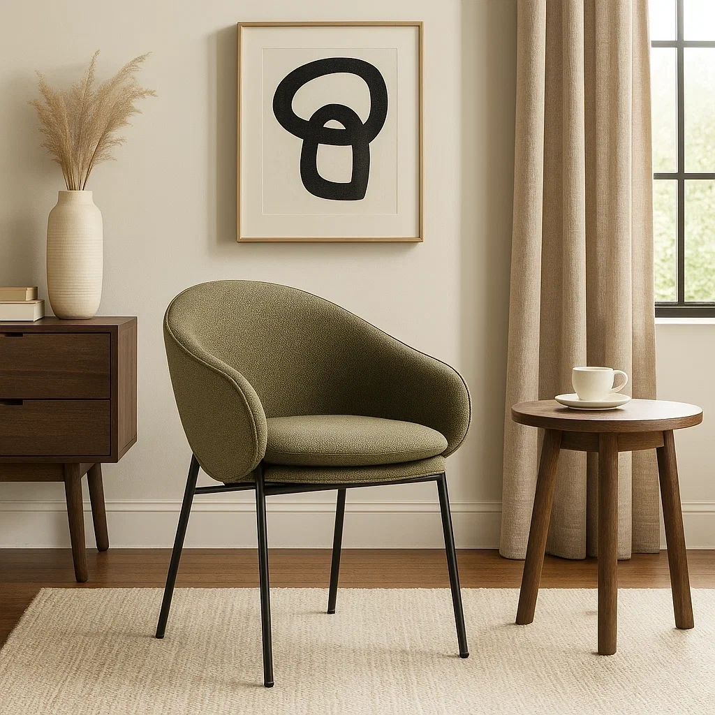 Chaise design avec accoudoirs en tissu vert olive