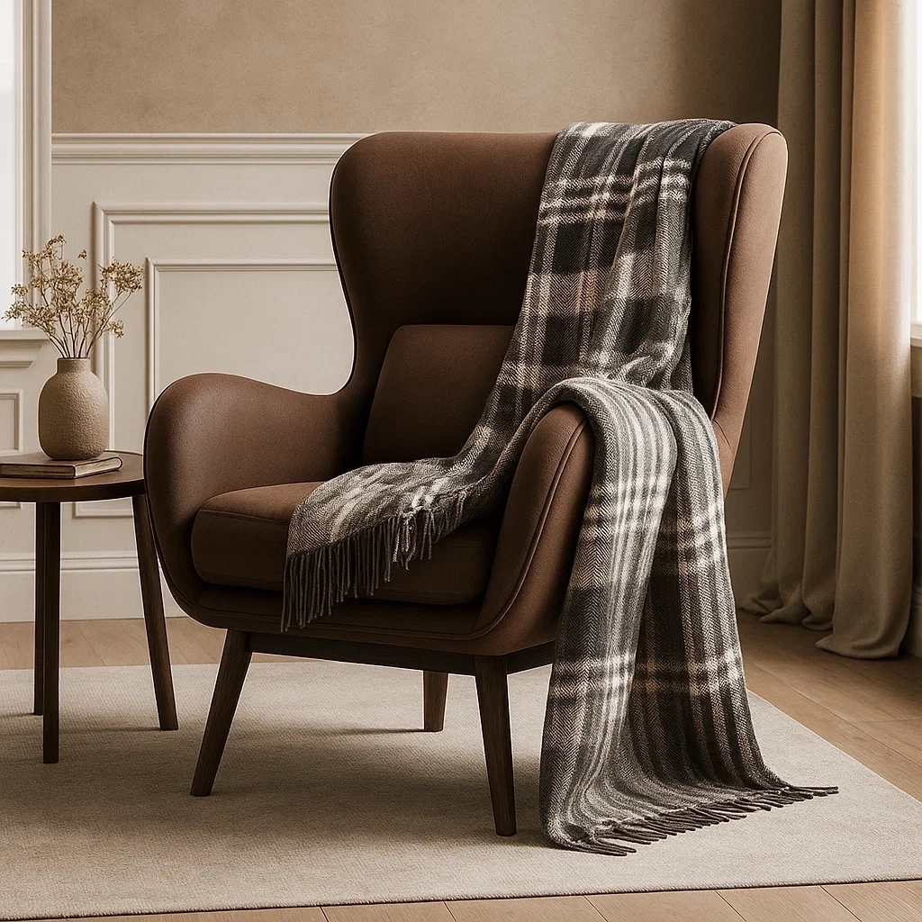 Fauteuil moderne en cuir brun avec plaid décoratif
