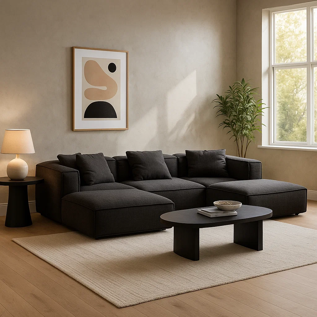 Canapé modulable avec méridienne en tissu gris foncé