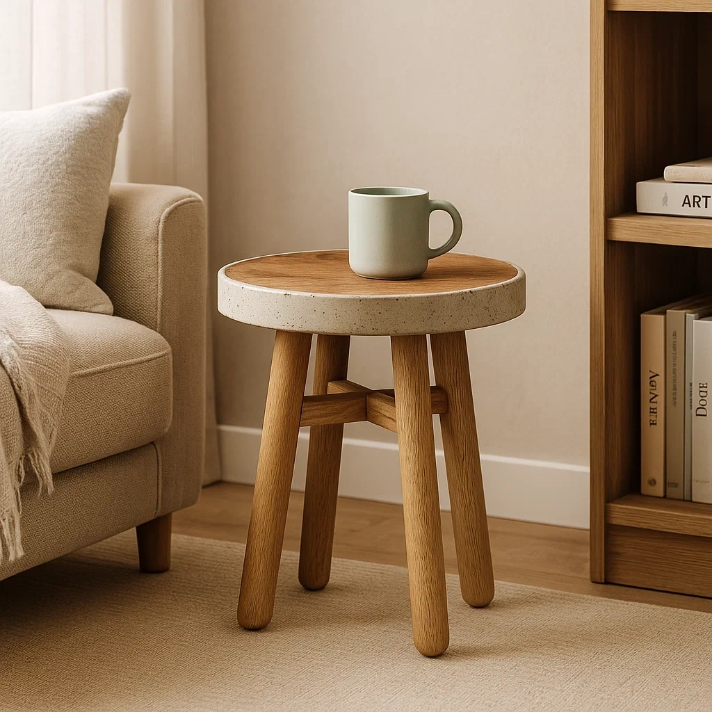 Table d’appoint ronde en bois et béton