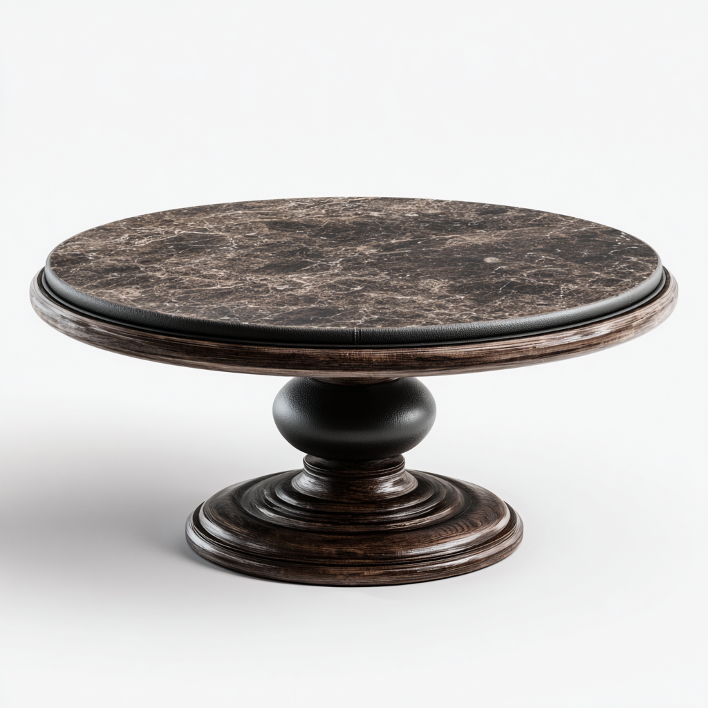 Table basse ronde avec plateau en marbre et base en bois sculpté