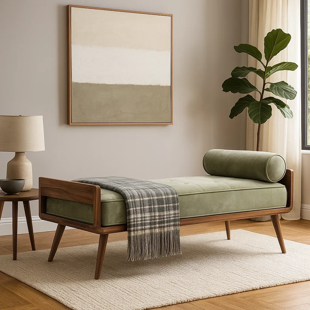 banc avec structure en bois et coussin rectangulaire