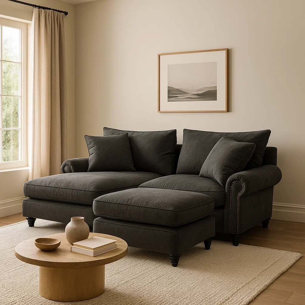 Canapé noir avec méridienne et coussins