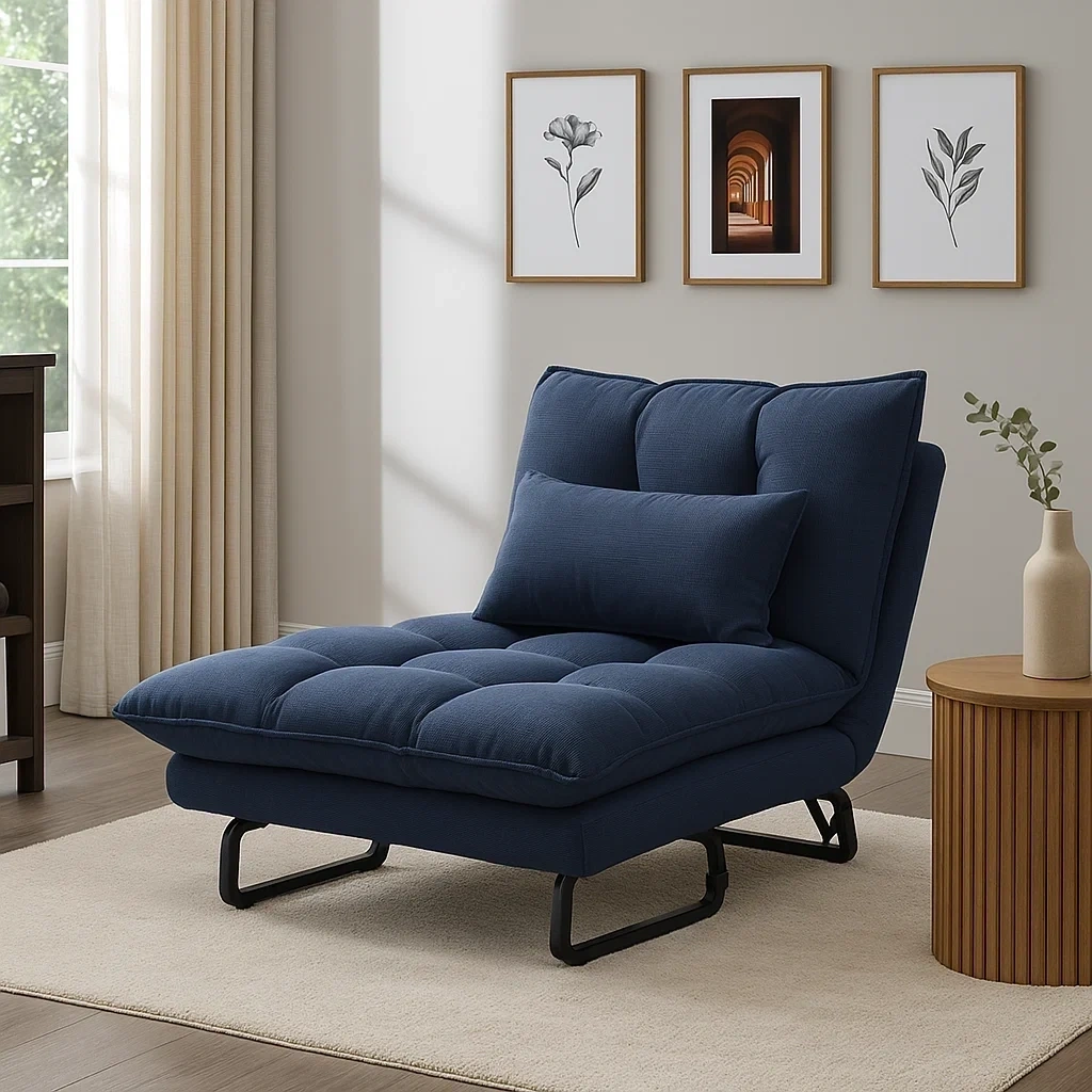 Chaise longue convertible en tissu bleu avec coussin d’appoint