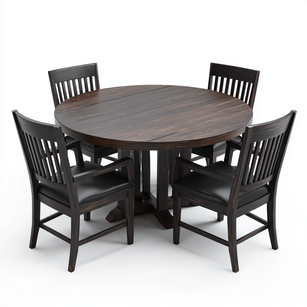 Ensemble de salle à manger rond 5 pièces en bois foncé avec chaises rembourrées en cuir