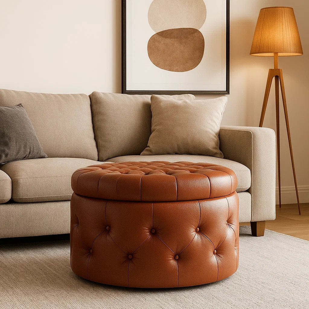 Tabouret rond en cuir avec rangement intégré