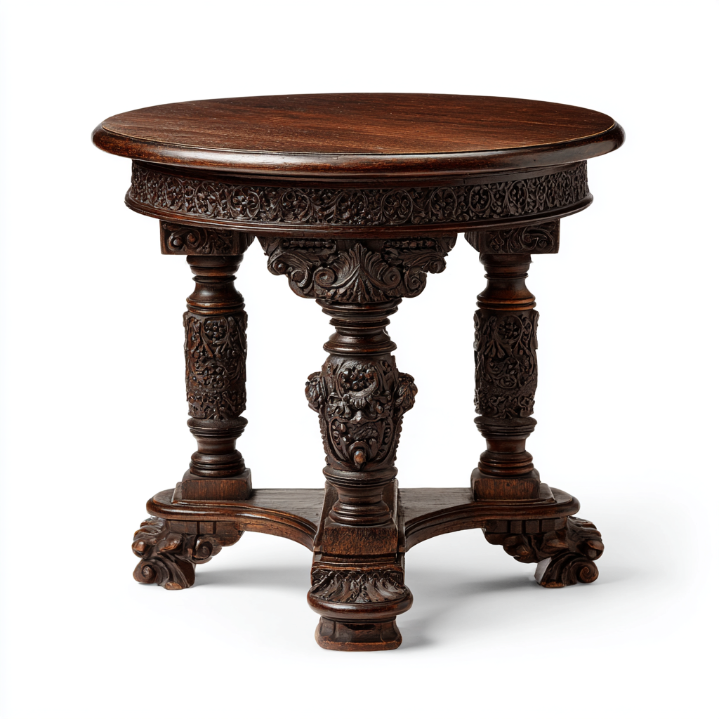 Tabouret ancien rond en bois sculpté avec décorations ornementales