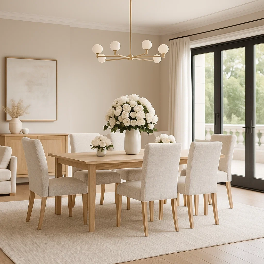 Ensemble salle à manger moderne en bois clair avec table rectangulaire et 8 chaises rembourrées