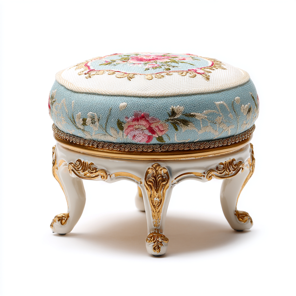 Tabouret rond de style français avec broderie florale et pieds dorés