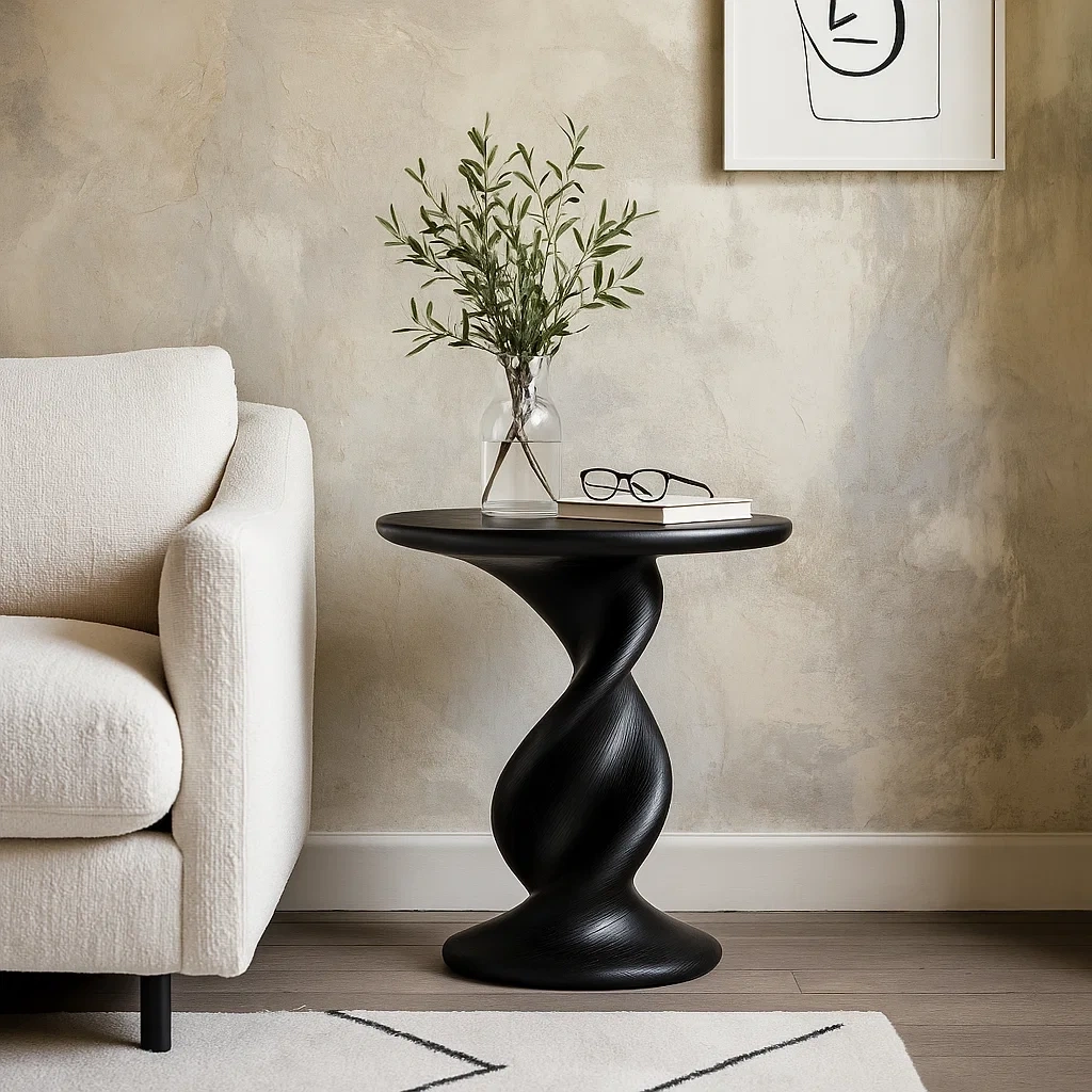 Table basse sculpturale noire en bois tourné