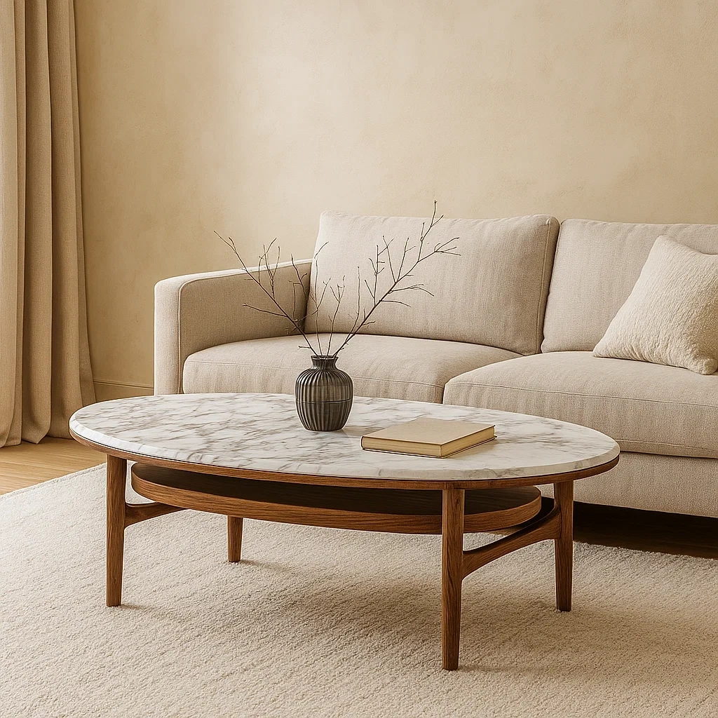 Table basse ovale en marbre et noyer