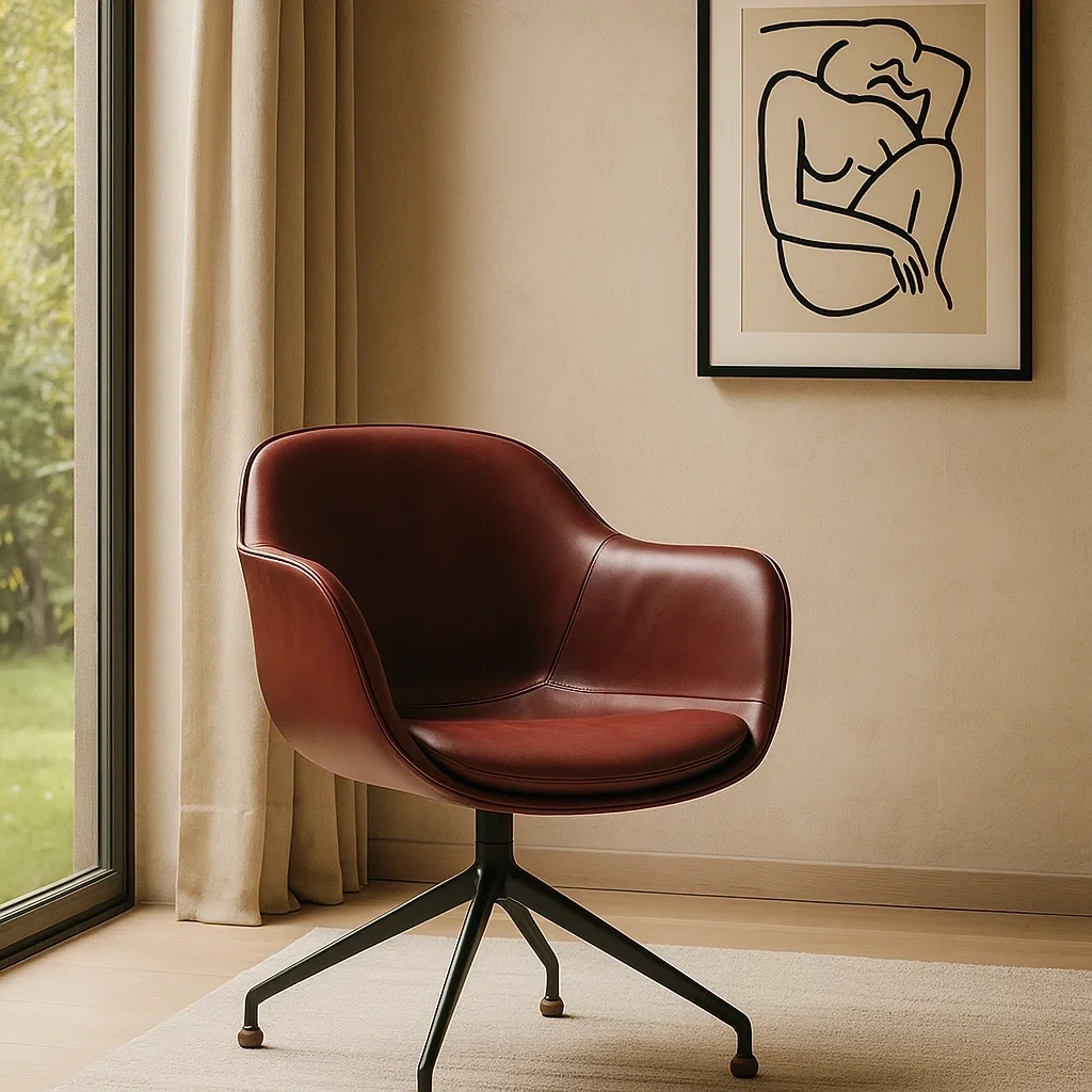 Chaise pivotante en cuir rouge bordeaux avec piètement métallique noir