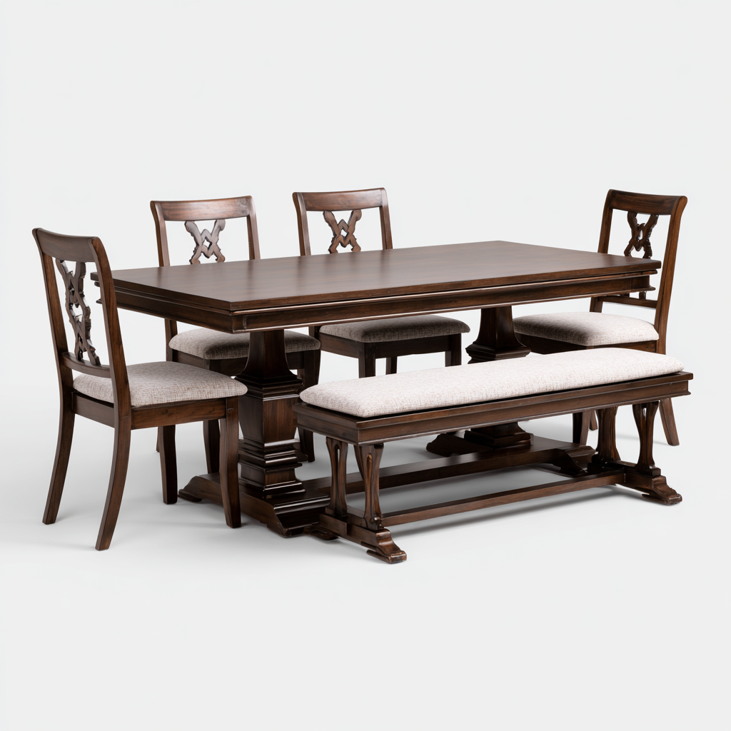 Ensemble salle à manger classique en bois massif avec table rectangulaire, 4 chaises sculptées et 1 banc rembourré