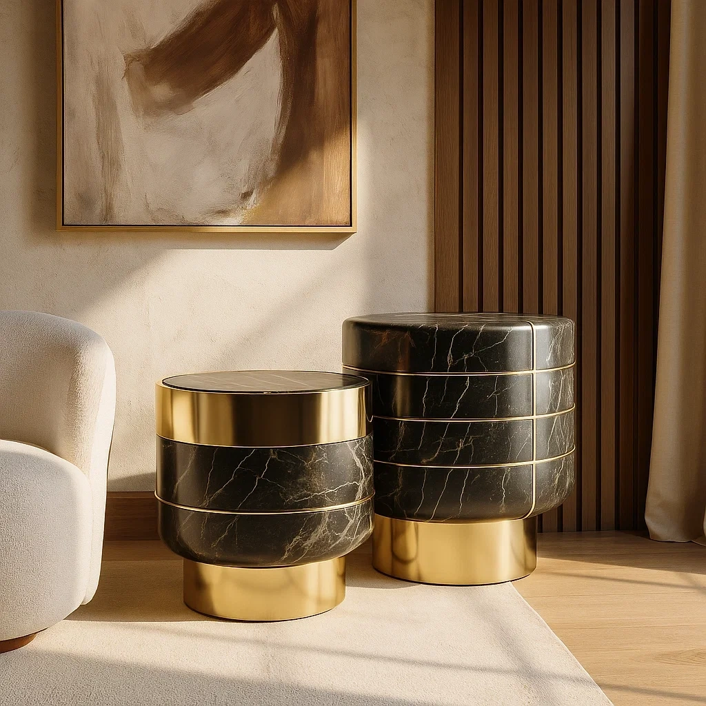 Ensemble de tables d appoint modernes en marbre noir avec base dorée