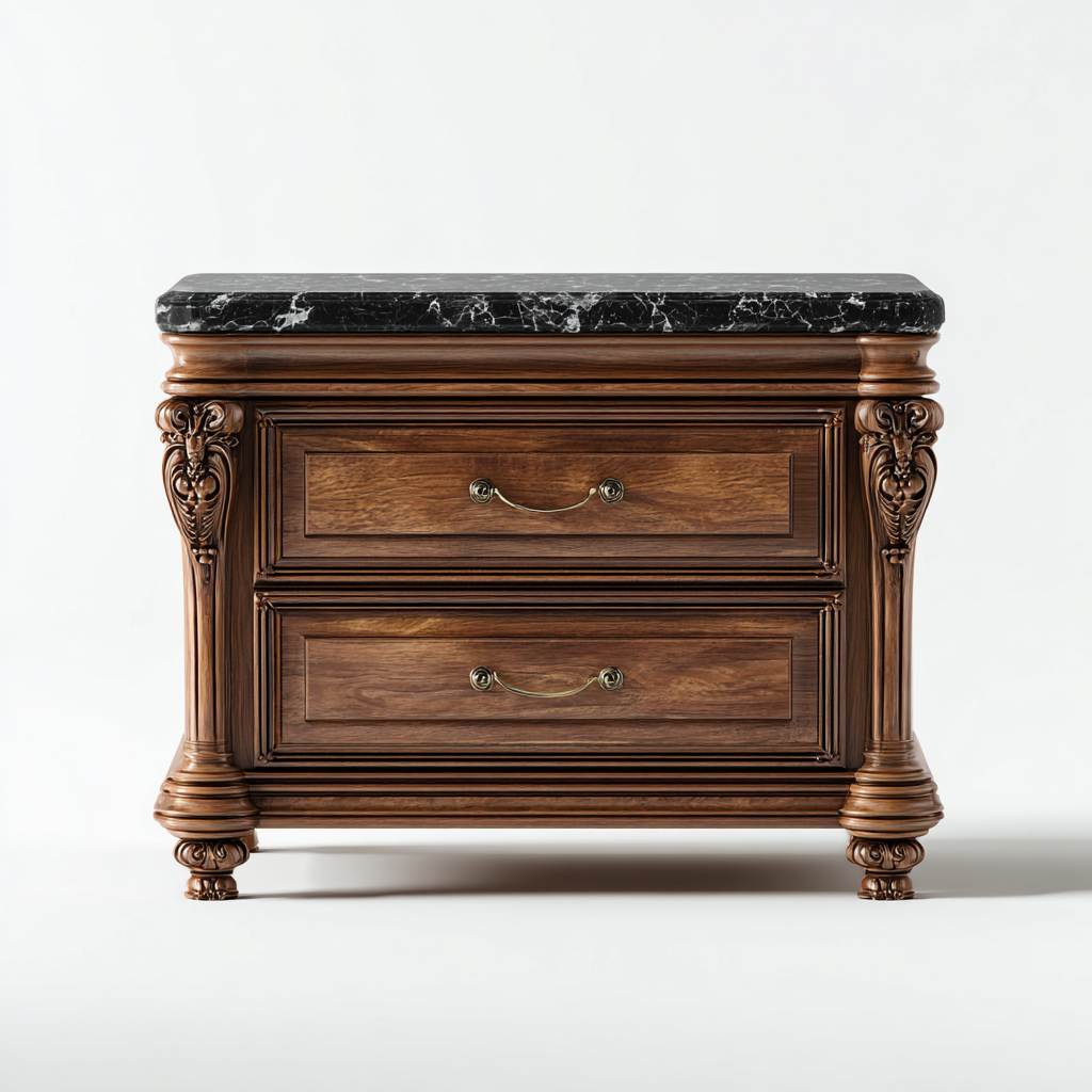 Table de chevet classique en bois avec dessus en marbre