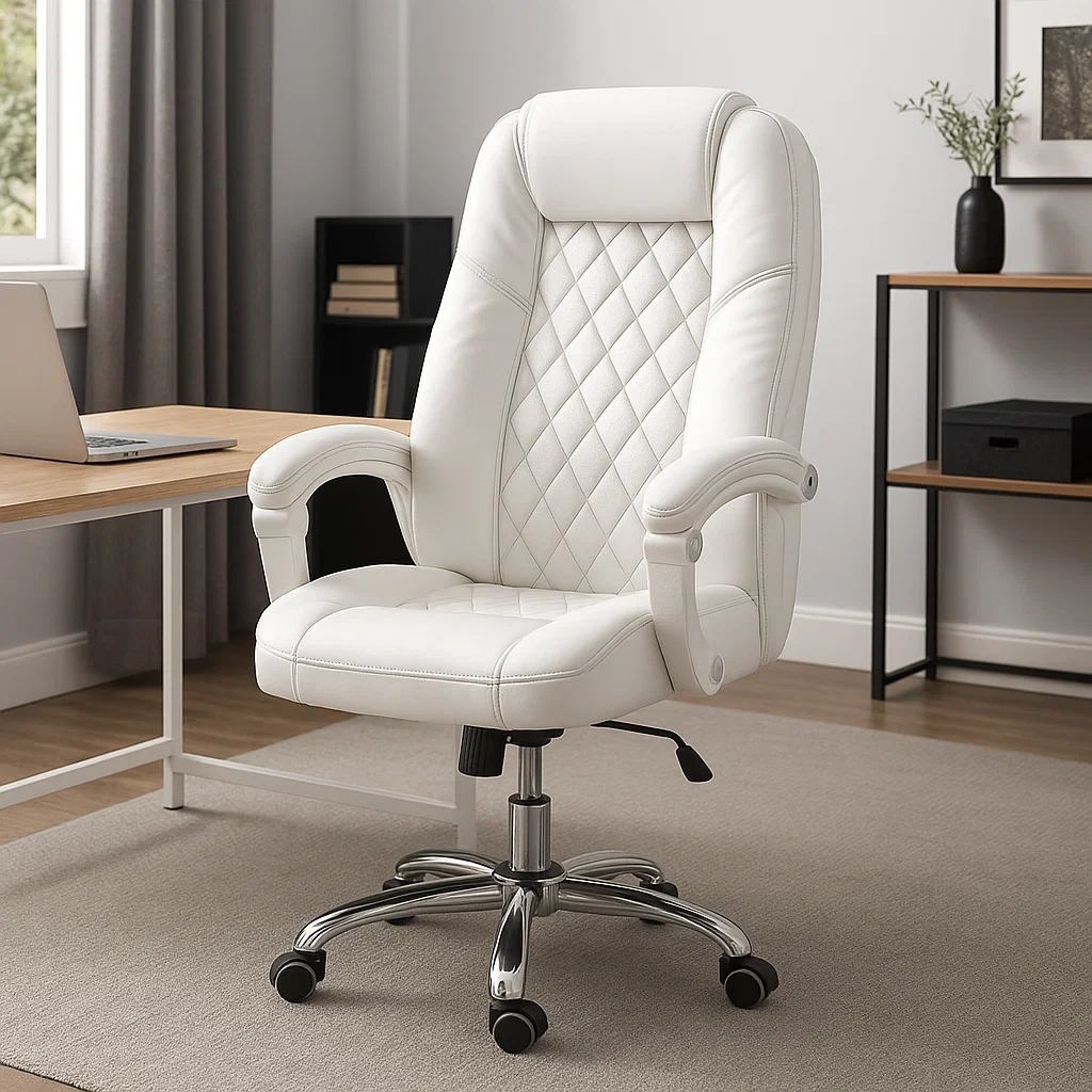 Chaise de bureau ergonomique en cuir blanc avec accoudoirs rembourrés
