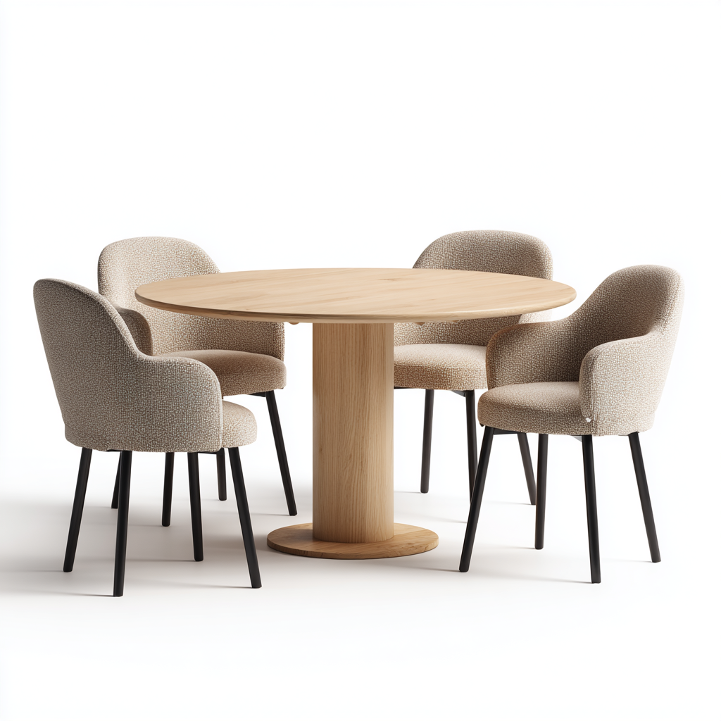 Ensemble de salle à manger rond 5 pièces en bois clair avec chaises rembourrées