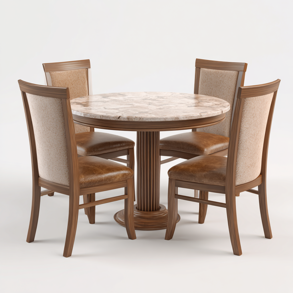 Ensemble de salle à manger rond 5 pièces avec table en marbre et 4 chaises en bois rembourrées