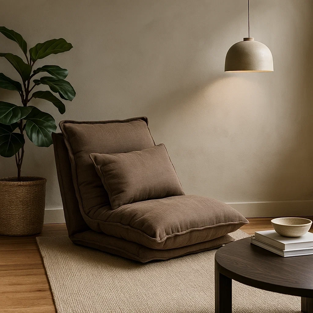 Chaise longue basse en tissu brun avec coussin rembourré