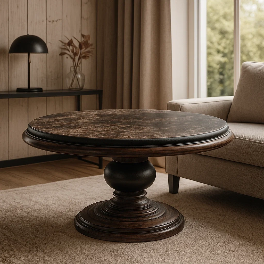 Table basse ronde avec plateau en marbre et base en bois sculpté