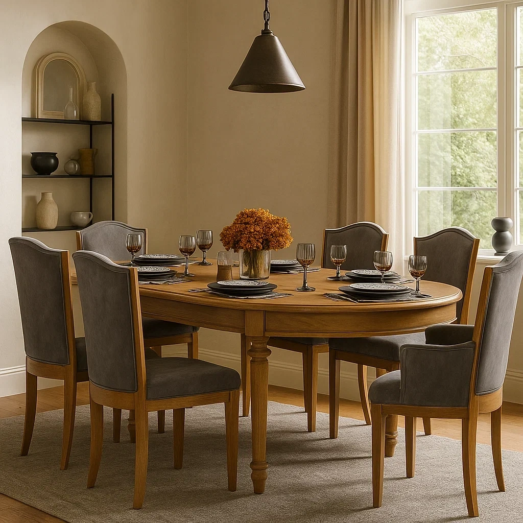 Ensemble de salle à manger ovale 7 pièces en bois massif avec chaises rembourrées en tissu gris