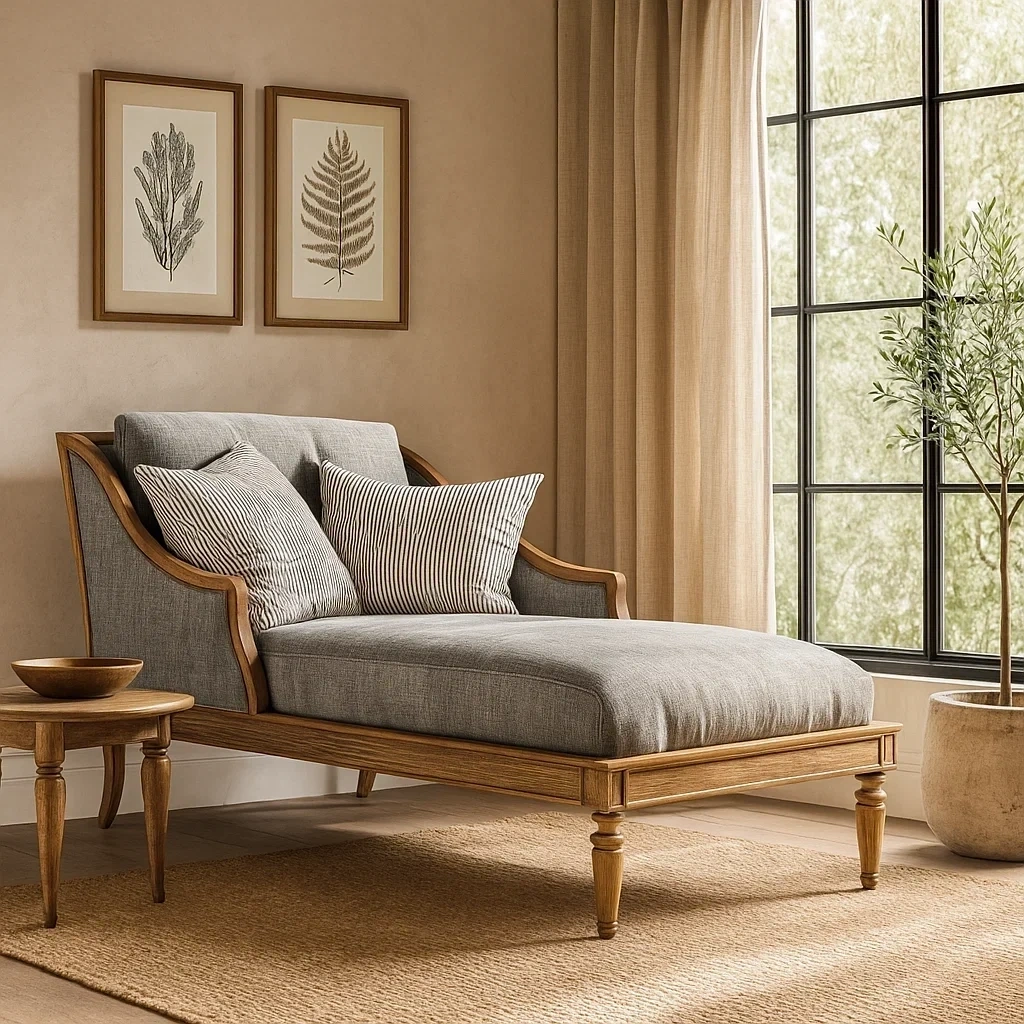 Chaise longue en bois avec accoudoirs et coussins à rayures