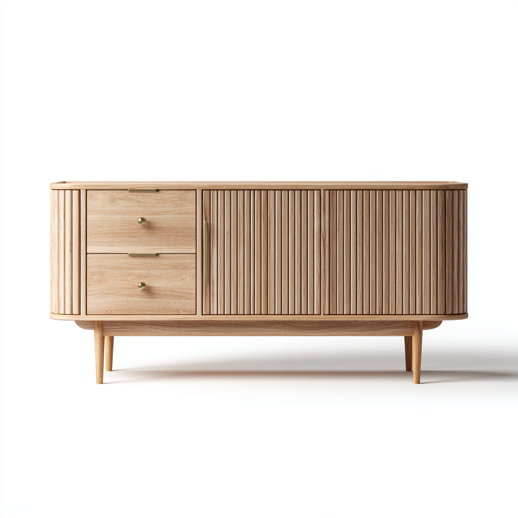 Armoire moderne en bois avec portes à lattes et tiroirs