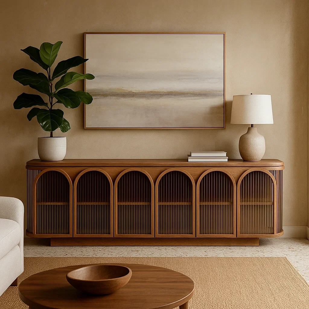 Buffet bas en bois avec portes vitrées arquées