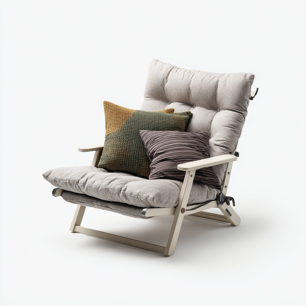 Fauteuil lounge japonais en tissu côtelé gris avec coussins décoratifs