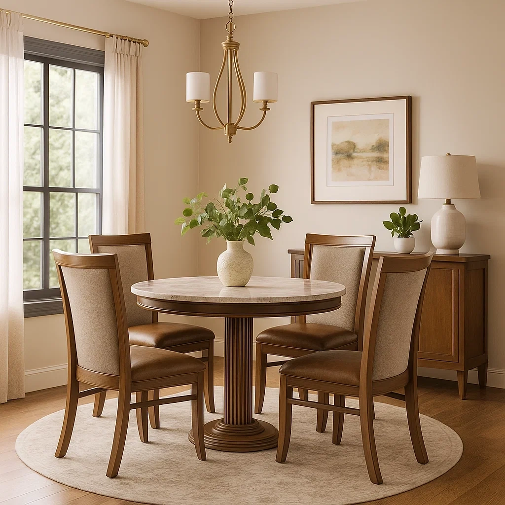 Ensemble de salle à manger rond 5 pièces avec table en marbre et 4 chaises en bois rembourrées